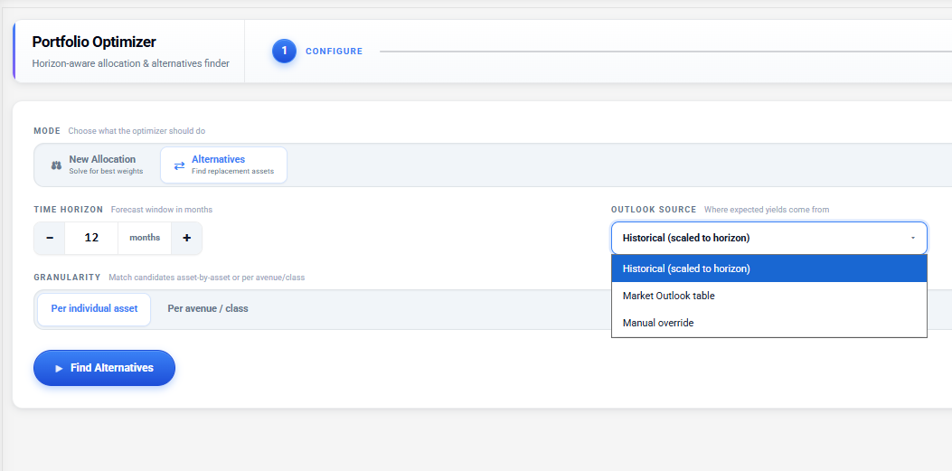 Horizon Portfolio Optimizer configuration screen with mode (new allocation vs. alternatives), time-horizon, outlook source, and granularity controls